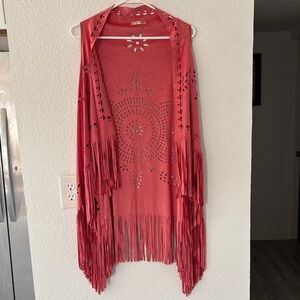 Coral Fringe Open Vest